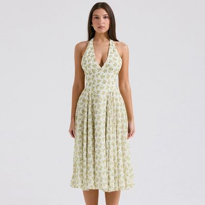 Custom dames zomer sweet wind backless halter mode bloemenpatroon korset rok jurk