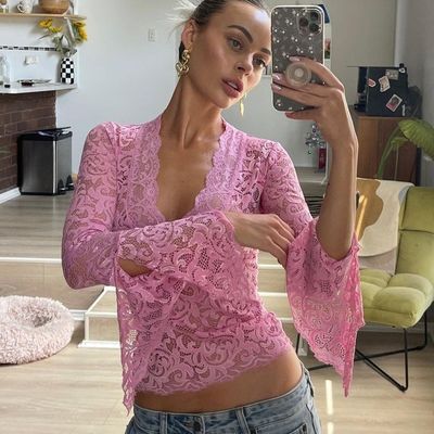 Nieuwe sexy diepe V slim fit alles korte oogst maat kant lange mouw Spice Girl stijl kant top