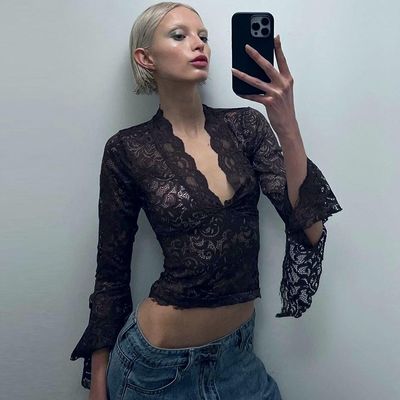 Nieuwe sexy diepe V slim fit alles korte oogst maat kant lange mouw Spice Girl stijl kant top