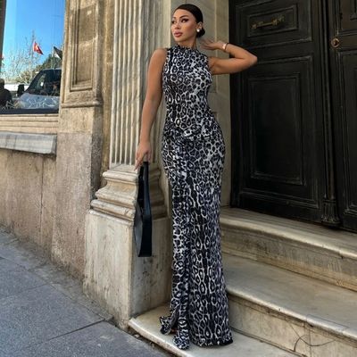 Nieuwe mode Custom Print Slim Waistband Slit Sleeveless Dress
