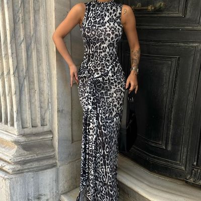 Nieuwe mode Custom Print Slim Waistband Slit Sleeveless Dress