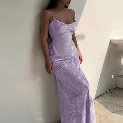 Vrouwen zomerse nieuwe sexy lijn hals Franse stijl satine rugloze lange halter jurk