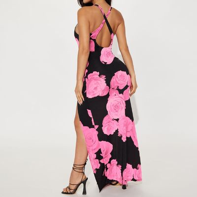 Vrouwen mode print lange rok sexy split halter jurk