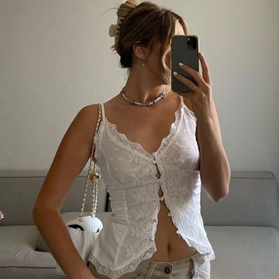 Vrouwen stijl American Spice Girl kant kant sexy V-neck cardigan gesp halter klein vest top