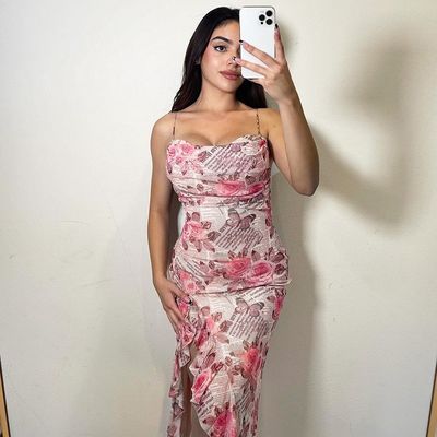 Nieuwe bloemenprent gerimpelde hoge spleet halter modejurk