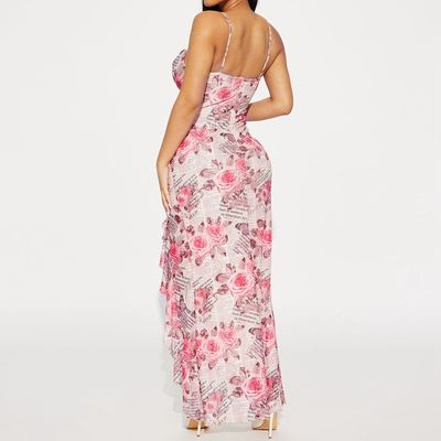 Nieuwe bloemenprent gerimpelde hoge spleet halter modejurk
