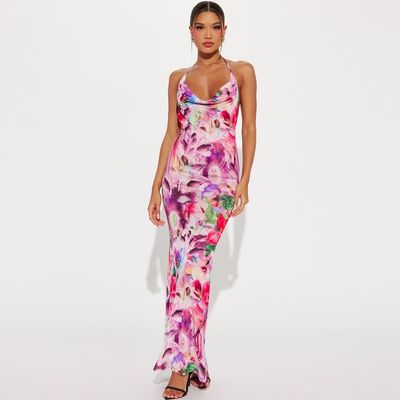 Zomerse nieuwe sexy kanten up halter rok mode print jurk
