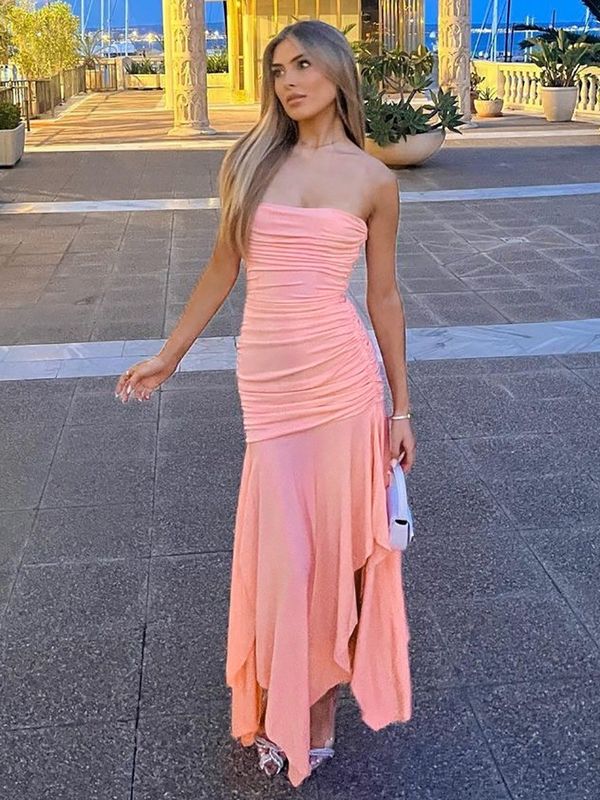 Solid Color Wrap Chest Dress Gelaagd Sexy Pleated Dress Onregelmatig Dubbellaag Dress