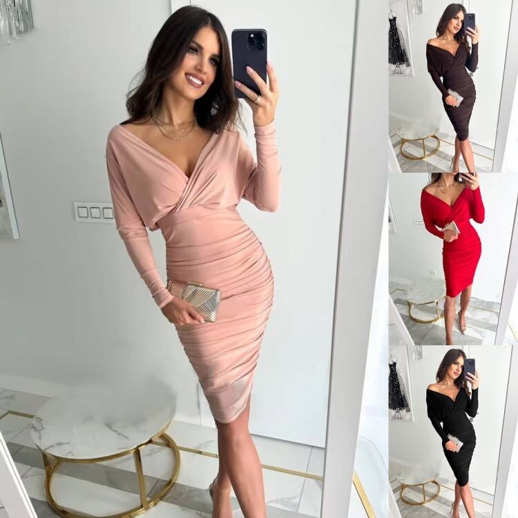 Modieus pakket heupjurk lange mouw V nek sexy taille vouw heup wrap jurk