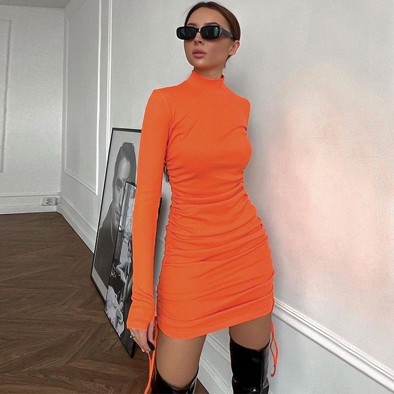 Mode Slim Side Long Sleeve Drawstring Dress Solid Color Sexy Pleated Dress