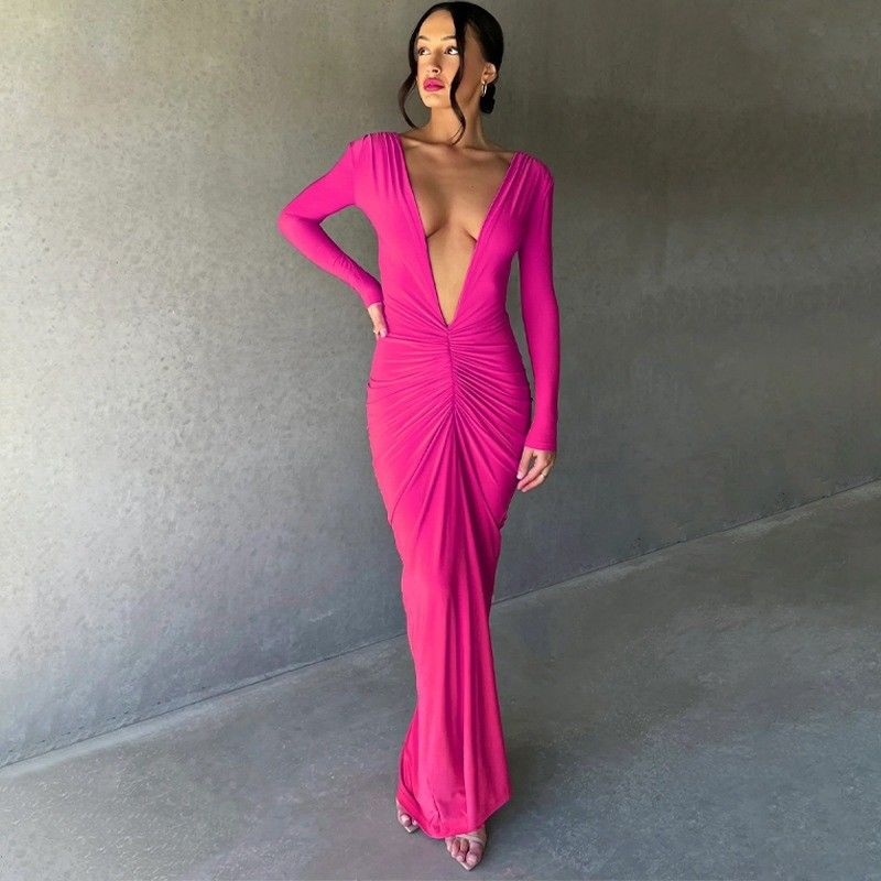 Roze Rood Stijlvolle Damesjurk Slim Sexy Big V Neckjurk Backless Pleats Solid Color