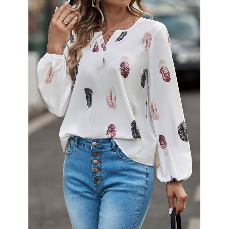 Vrouwen V-Neck Feather Print T-Shirt Casual Loose Fit Long Sleeve Top