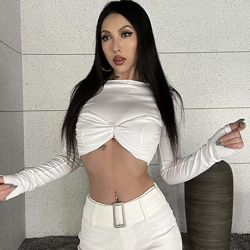 Een lijn hals sexy strakke overhemden lange mouw solide kleur wit pleats T-shirt