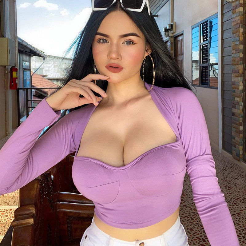 V nek sexy strakke T-shirts slim fit sexy strakke crop topsen lange mouwen hals kort