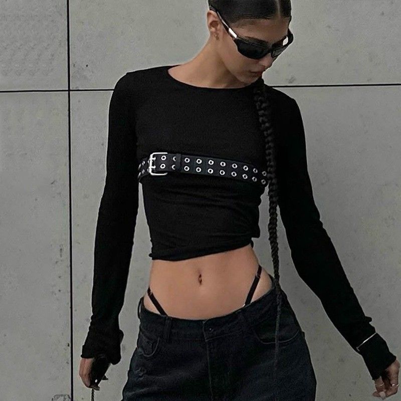 Fashion Spice Sexy Strakke T-shirts Ronde nek Slim lange mouw T-shirt Solid Patroon