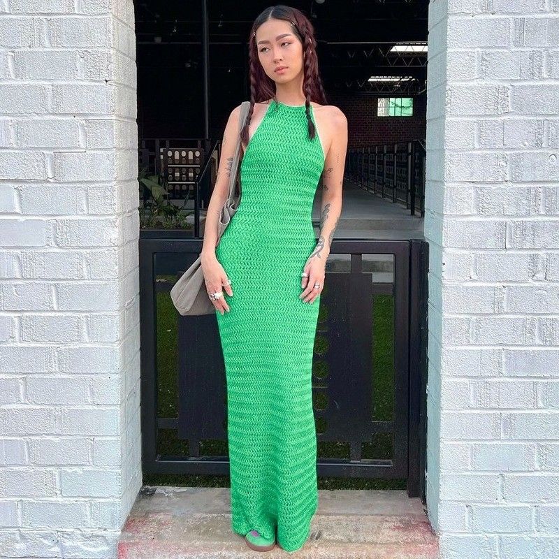 Solid kleur Slim gebreide jurk Stijlvol Slim Sexy ademend Backless Lace Up jurk