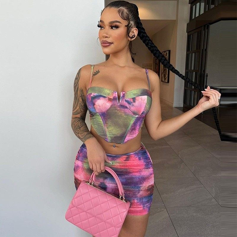 Fashion Crop Top korte rok set Print Halter Slim Fit 2 stuk korte rok set
