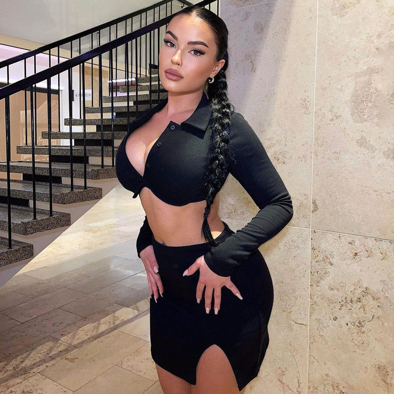 POLO kraag sexy gymkleding lange mouw stevig gekleurde rok sexy sportkostuum