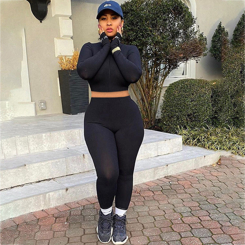 Zipper Two Piece Sport Set High Neck Slit Borduurbrief Sexy Gym Wear