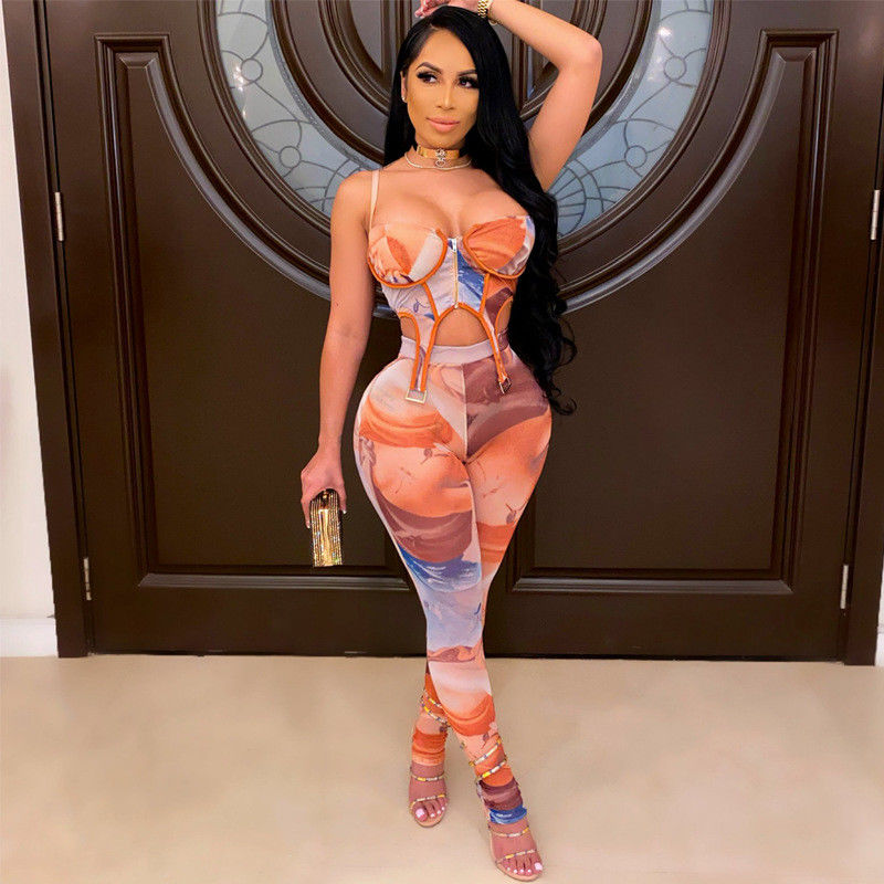 Zipper Print Sexy Workout Outfits Halter Tank En Broek Casual Sexy Gym Wear