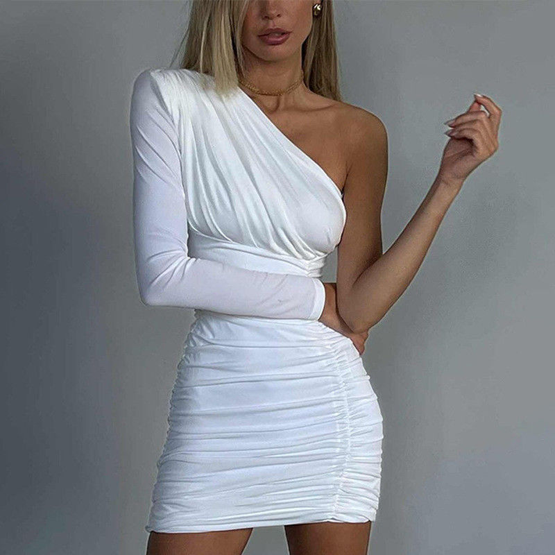 Mode Een schouder tube jurk Slim Pleated Een schouder jurk Lang mouw Heup Wrap
