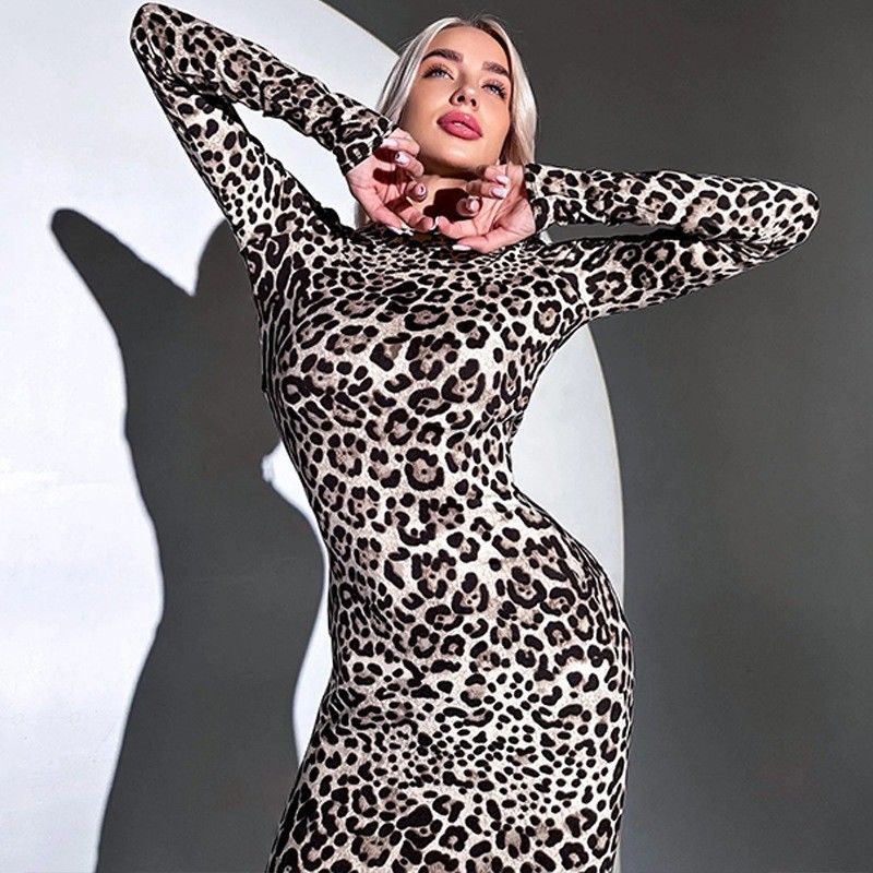 Fashion Print Halter Lace Up Long Sleeve Dress S M L XL Grootte