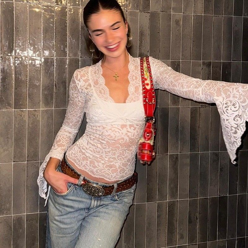 Nieuwe sexy diepe V slim fit alles korte oogst maat kant lange mouw Spice Girl stijl kant top