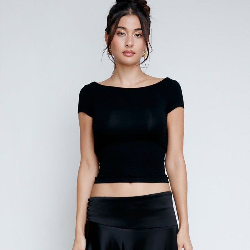 Sexy, slank, sexy, rugloos, kort, straatstijl, kortmouw T-shirt vrouw.