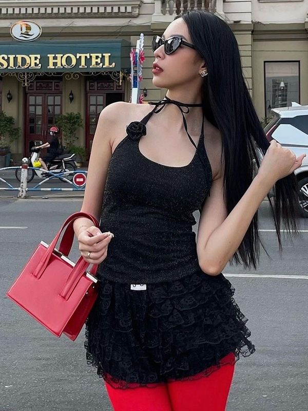Nieuwe mode sexy kruiden geborduurde kant op halter slanke taille solide kleur vest