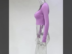 U-hals, dun, dun, solide kleur, lange mouwen